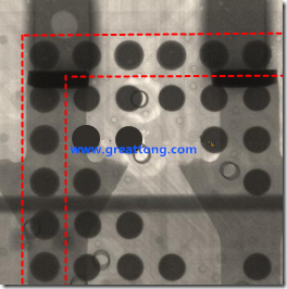 BGA錫球尺寸小于0.4mm，采用降低BGA內(nèi)圍襲球的錫膏量所得到X-Ray，稍微留意一下可以發(fā)現(xiàn)最外圈的錫量(圓的直徑)比其他內(nèi)圍的錫球上的錫量來得多一點(diǎn)點(diǎn)。也就是外圈的黑色圓形直徑比內(nèi)圈的圓形來得大一點(diǎn)點(diǎn)。