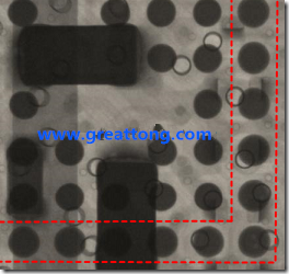 BGA錫球尺寸小于0.4mm，采用降低BGA內(nèi)圍襲球的錫膏量所得到X-Ray，稍微留意一下可以發(fā)現(xiàn)最外圈的錫量(圓的直徑)比其他內(nèi)圍的錫球上的錫量來得多一點(diǎn)點(diǎn)。也就是外圈的黑色圓形直徑比內(nèi)圈的圓形來得大一點(diǎn)點(diǎn)。