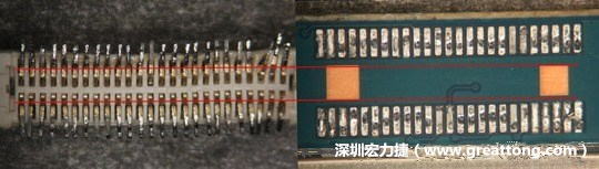 把板對板連接器與其電路板的佈線焊墊作一個比較，端子的切斷面有毛邊的地方剛好對到了裸銅區(qū)。