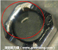使用錫(Sn)鍍層的電源電感器(Power Inductors)，經(jīng)過推力測試后，其焊點(diǎn)還保留在零件的端點(diǎn)上，所以推力比較高。