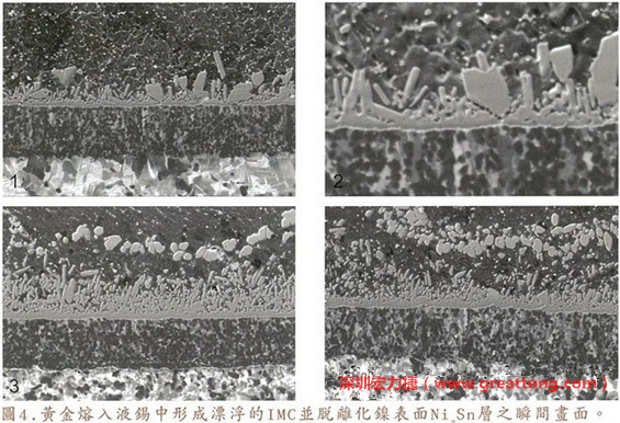 下面四張圖片為放大4500倍的SEM圖像，說明在回流焊爐熱量不足的情況下，黃金成份正要從鎳層分離融入焊錫之中的瞬間，當(dāng)零件遭受外力沖擊的時(shí)候就極有可能從這一整排AuSn、、AuSn2或AuSn4的IMC處裂開。