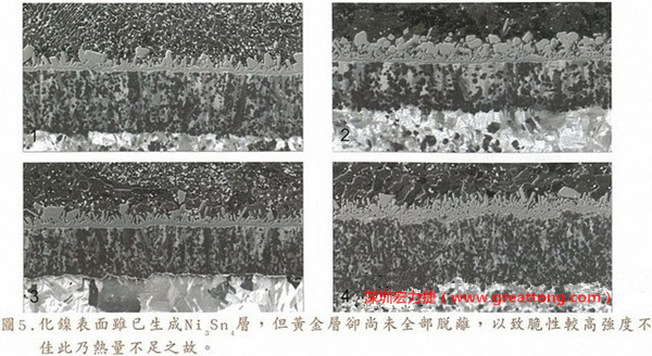下面四圖顯示，當(dāng)焊接的熱量不足或未持續(xù)時(shí)，雖然Ni3Sn4的薄薄IMC層已經(jīng)生成而焊牢，但也會(huì)因?yàn)锳uSn及AuSn2還未來得及逸走，而停留在共金介面附近，當(dāng)有外力拉扯的時(shí)候，就很容易斷裂開來。這就是為何ENIG的焊點(diǎn)強(qiáng)度，始終不如銅面焊點(diǎn)(Cu6Sn5)來得更為牢固的主因之一。