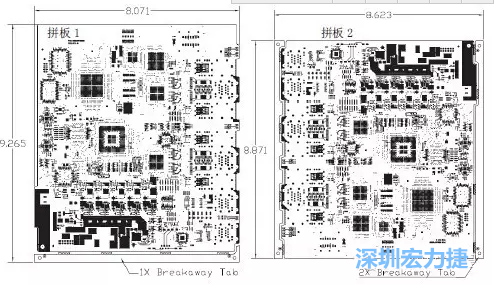如圖7所示是使用不同數(shù)量邊條的拼板，拼板1僅使用了一個邊條，直接利用PCB另一邊作為SMT工藝傳送邊，并且PCB圖形中有合適的安裝孔；而拼板2則是按常規(guī)設(shè)計(jì)了兩個邊條。拼板方式為連接筋。圖中“Breakaway Tab”指邊條-深圳宏力捷
