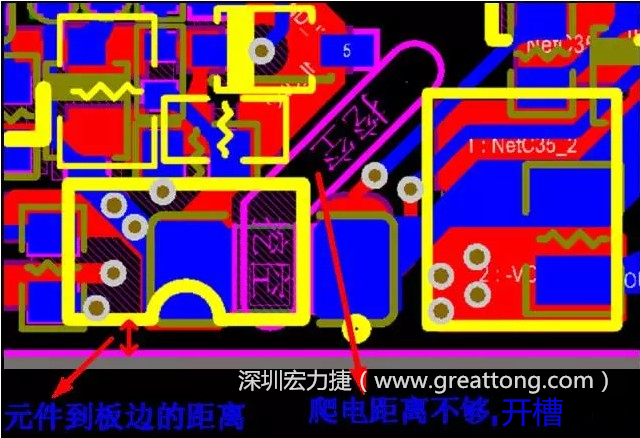 如果碰到模塊PCB空間有限，爬電距離不夠，可以采用開槽的方式