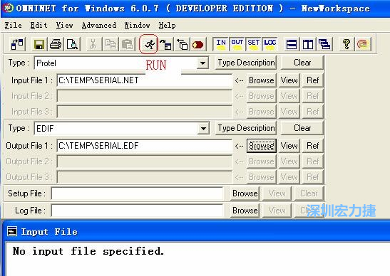 輸出文件類型(Type)選 EDIF。Output File 1 指定輸出文件的文件名和路徑。然后點擊 Run(跑動的小人)。