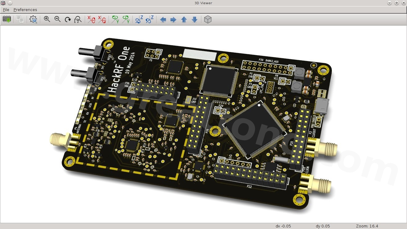 經(jīng)KiCad軟體3D功能渲染過的HackRF One電路板。