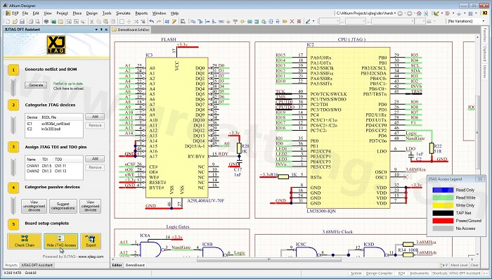 XJTAG DFT Assistant的Access Viewer模式可以清楚地顯示可用的測試存取層級，讓電路板設計人員在展開PCB布局以前的原理圖擷取階段盡可能地提高測試存取能力