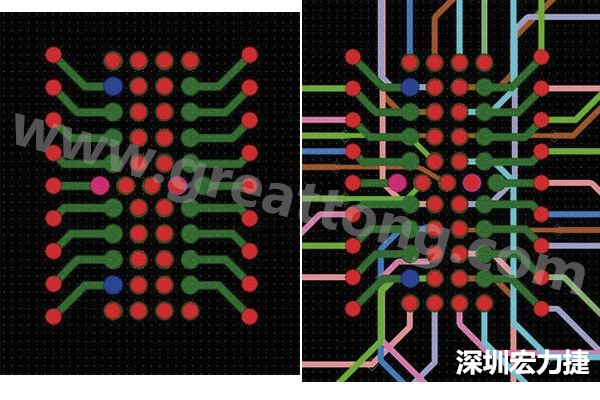 圖7：焊盤內(nèi)過孔用于內(nèi)部，而外部接腳在0.5mm閘格上扇出。圖7a顯示的是頂層(左)；圖7b顯示頂層和內(nèi)部布線層(右)。