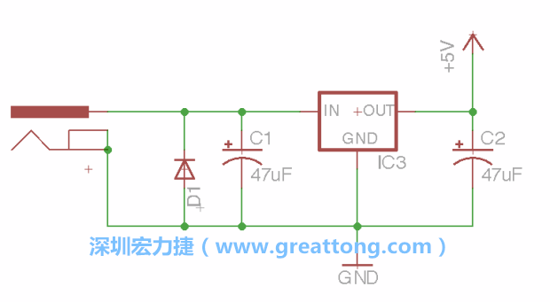 新增RBBB→Power_Jack，將它放在電壓調(diào)整器的輸入端旁邊。
