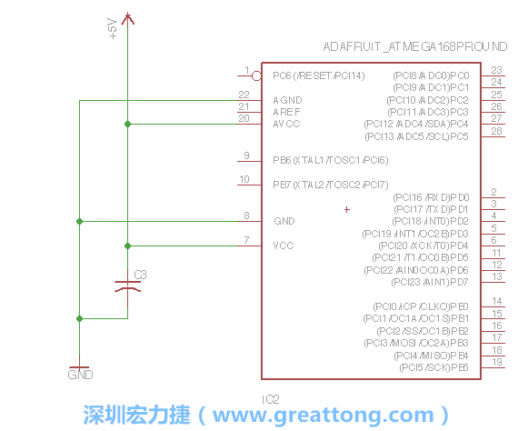 3.1.    新增微控制器晶片（RBBB → ATmega），把它放在電路原理圖的中央附近，把它的兩個(gè)接地接頭連接到接地訊號(hào)端。