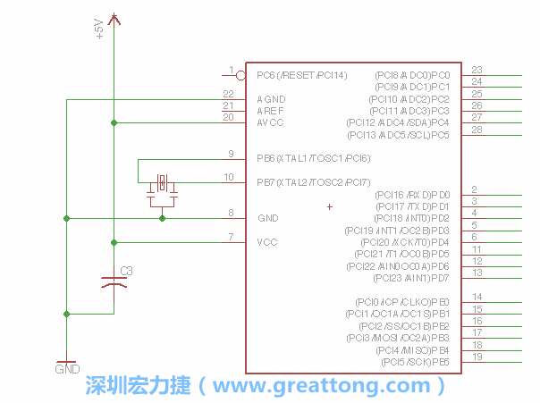 3.2.    在靠近ATmega的電源供應(yīng)針腳7的位置放置一個(gè)0.1μF的電容，將它分別連接電源、接地端和針腳7。