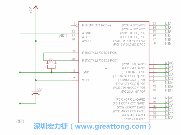 3.3.    將共鳴器（resonator）放置在針腳9和針腳10附近，將它的三個(gè)針腳連接如圖所示，并確認(rèn)最中間的針腳有連到接地端。