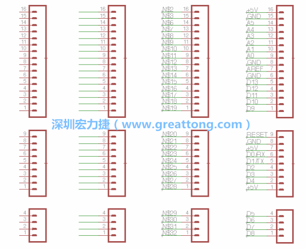 3.5.    你會(huì)發(fā)現(xiàn)EAGLE會(huì)給每條信號(hào)線都內(nèi)建一個(gè)標(biāo)簽，例如：N$2。現(xiàn)在請(qǐng)使用「命名（Name）」工具來為這些信號(hào)線重新命名，并使它們符合ATmega的針腳名稱。