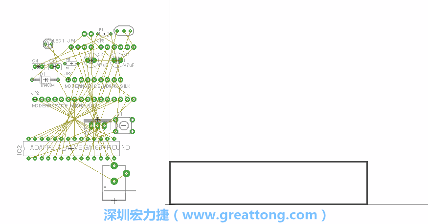 第一次執(zhí)行布線編輯器時，你會發(fā)現(xiàn)有兩個區(qū)塊，左邊的區(qū)塊非?；靵y，而右邊的區(qū)塊則是一個長方形的工作區(qū)域，EAGLE免費版會限制你的工作區(qū)域在4” x 3.2”的范圍內(nèi)，如果你試圖將元件擺放在工作區(qū)外的話，就會跳出警示訊息。