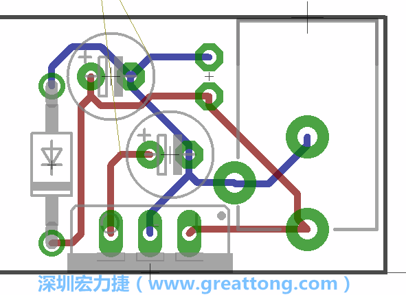 接地連結(jié)點的布線情形如下圖所示，利用這個練習來避免電路連線銳角化的產(chǎn)生是一個不錯的選擇，你可以在工具列中的彎曲線路（Wire Bend）選項里改變各種布線的變化。