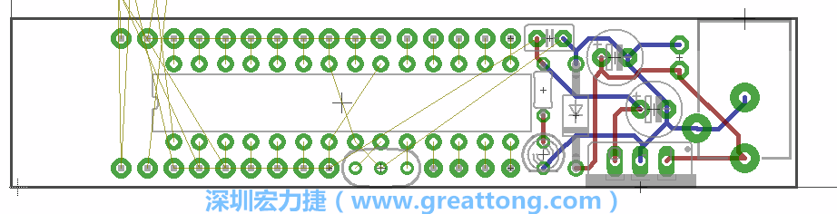 將ATmega微控制器、三個GPIO排針（JP2, JP3, JP4）和諧振器（resonator）排置如上圖所示。