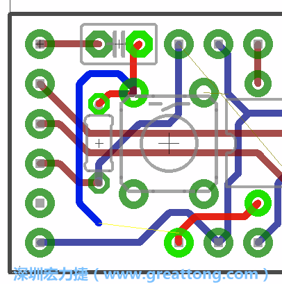 要在電路板正面進行+5V信號線連結(jié)和其他連結(jié)點的布線工作是非常容易的，而重置信號線（信號線用來連結(jié)電路板正面左邊的重置開關(guān)）需要經(jīng)過一個可以通過電路板正反兩面的電路通道，這個通道是一個可以讓電路板正反兩面線路連接的一個小孔。