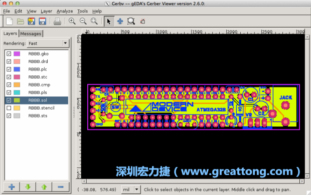 將圖層匯入你的Gerber預覽工具內(nèi)（下圖為Gerbv），我通常會從上到下重新排列它們的順序，好讓我比較好校對：