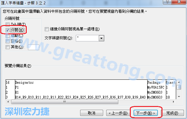新增一個(gè)新的Excel文檔，[資料]匯入[從文字檔]，然后選擇剛產(chǎn)生的BOM (.csv)檔案，并以"分號(hào)"作為分隔符號(hào)。
